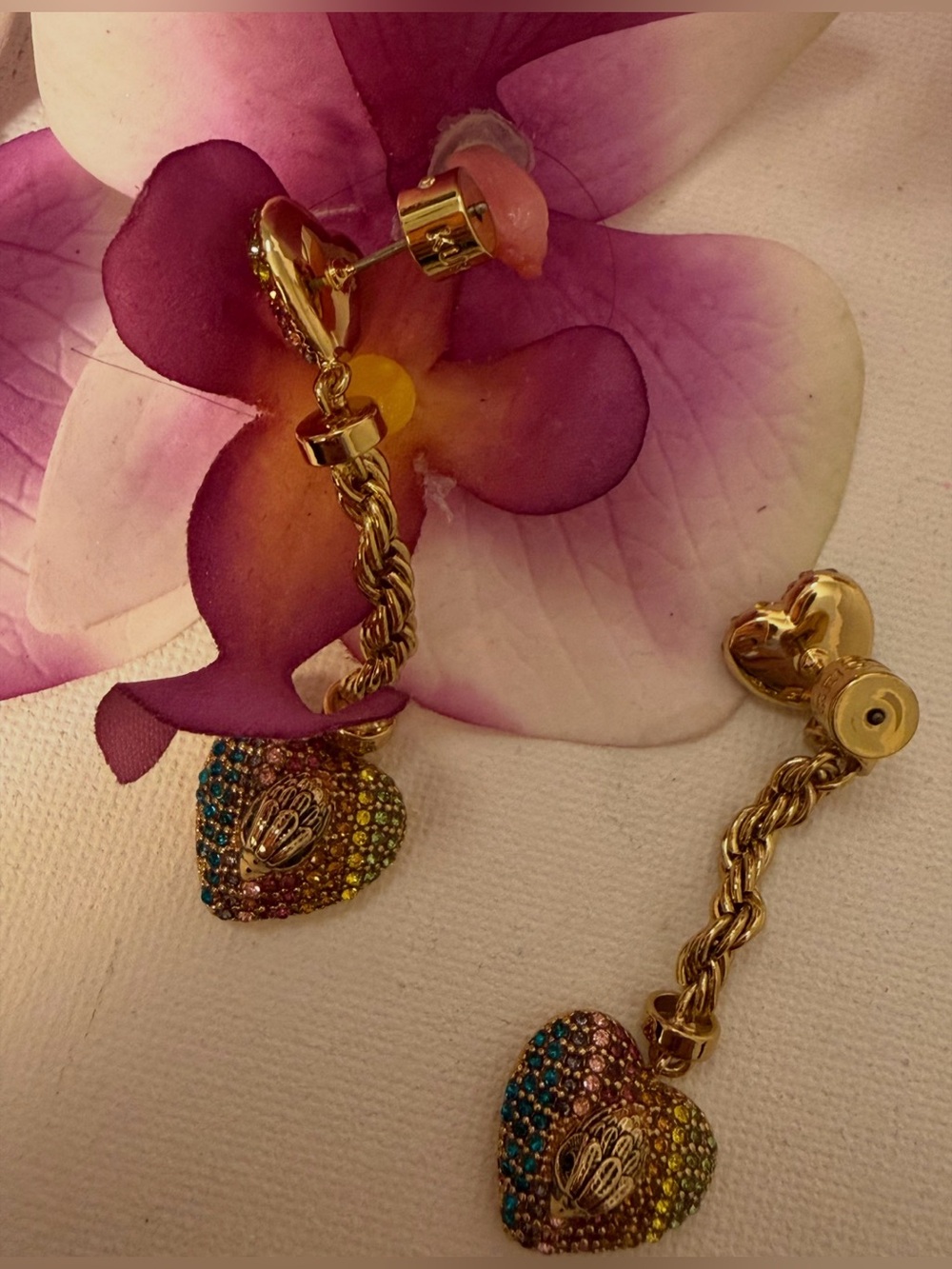 Kurt Geiger Gold-Tone Multicolor Pave Heart Drop Earrings